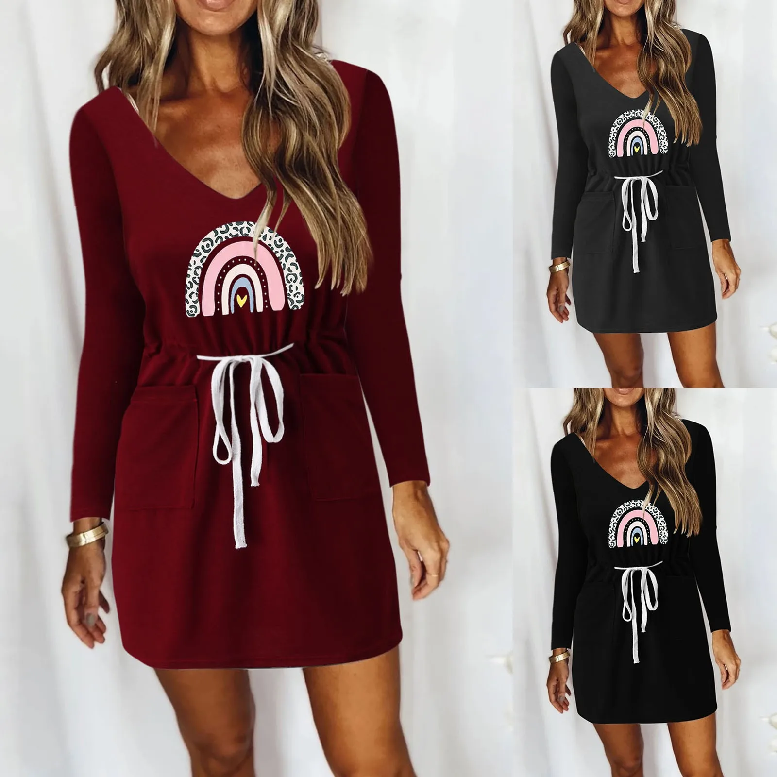 

56# Autumn Women Casual Fashion Long Sleeve Dress Printed Short Dress Drawstring V-neck Women Pullover Loose Mini Dress Vestidos