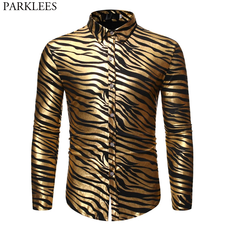 Men's 70s Metallic Gold Zebra Print Disco Shirt 2023 Brand New Slim Fit Long Sleeve Mens Dress Shirts Party Prom Stage Chemise