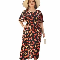 2021 summer european and american fashion large size womens short sleeved dress arab v neck butterfly print chiffon dress