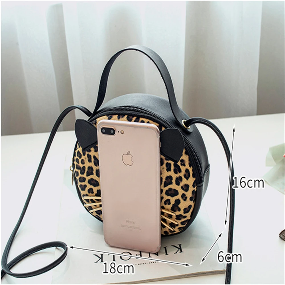 

Female Bag New 2020 Fashion Shoulder Bag PU Leopard Crossbody Bag Cat Small Round Bag Trend Hot Sale Handbag Synthetic Leather