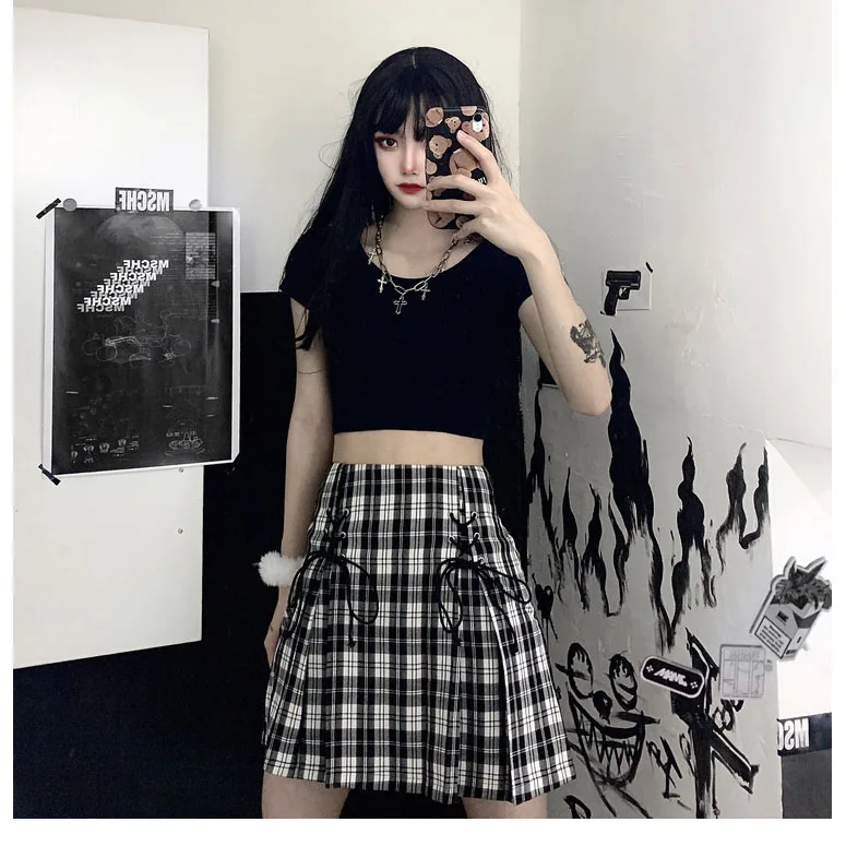 

Streetwear Mini Gothic Skirt Y2k High Waist Lace Up Front A-Line Checkered Harajuku Dancing Korean Short Punk Skirts Clubwear