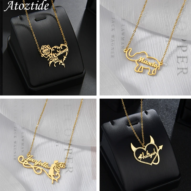 Fashion Custom Name Stainless Steel Lovely Shape Kids Necklaces Personalized Jewelry Chain Crown Heart Chain for Women Gifts