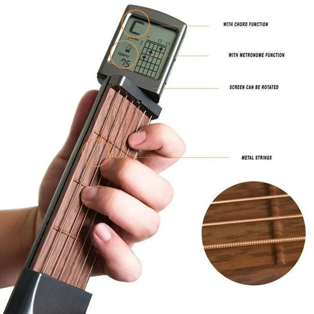 

NEW Pocket Guitar Wood+Plastic Portable With Screen Display Finger Exerciser Train Practice Tool For Beginners