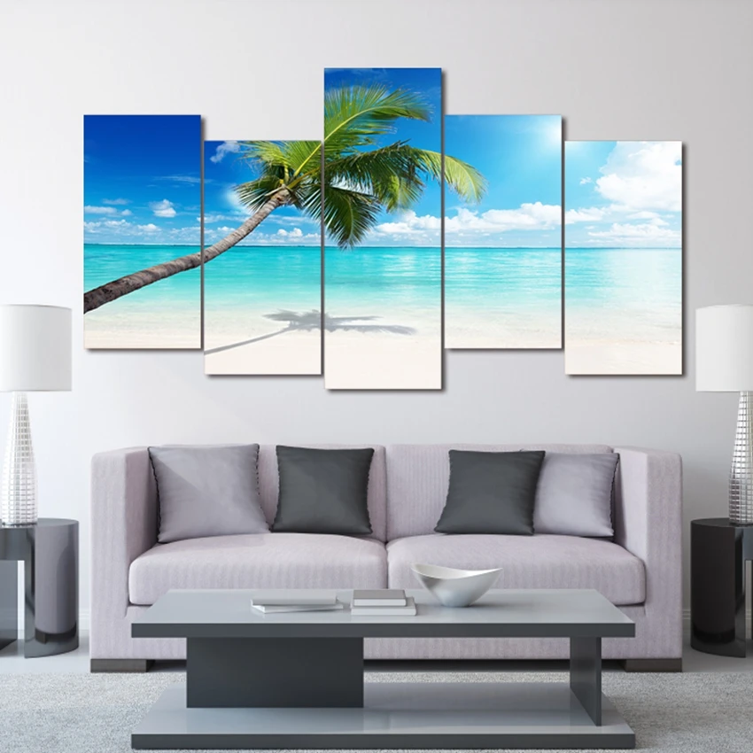 Холст Картины Wall Art HD печатает 5 шт. пальмовое дерево пляж фотографии голубое небо
