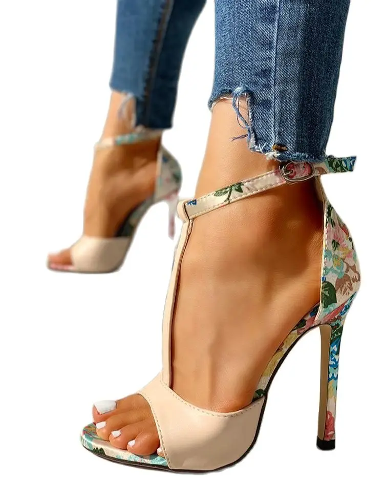 

VMTI 2021 Europe and The United States All-Match Super High-Heel Color Floral Stiletto Sandals Buckle Bag with Women Sandals