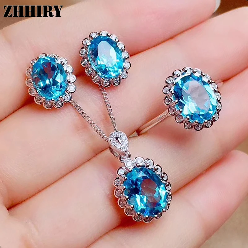 

ZHHIRY Женские Ювелирные наборы с натуральным топазом, кулон, ожерелье, серьги, кольца из настоящего серебра 925 пробы, ювелирные украшения