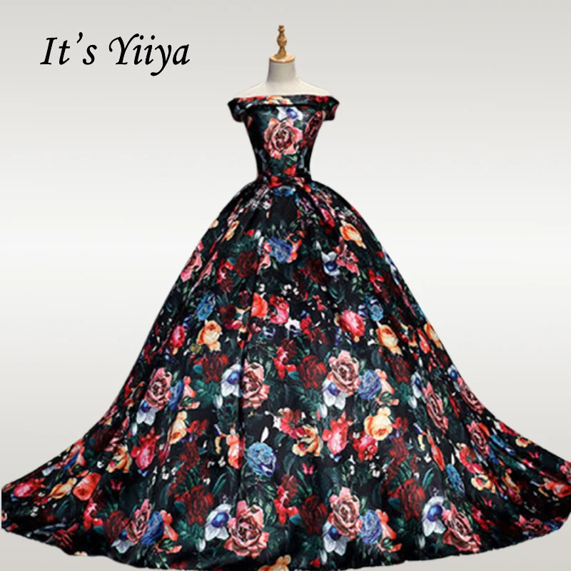 

It's YiiYa Wedding Dress 2019 Elegant Printing Boat Neck Wedding Dresses Plus Size Off Shoulder Train Robe De Mariee CH060