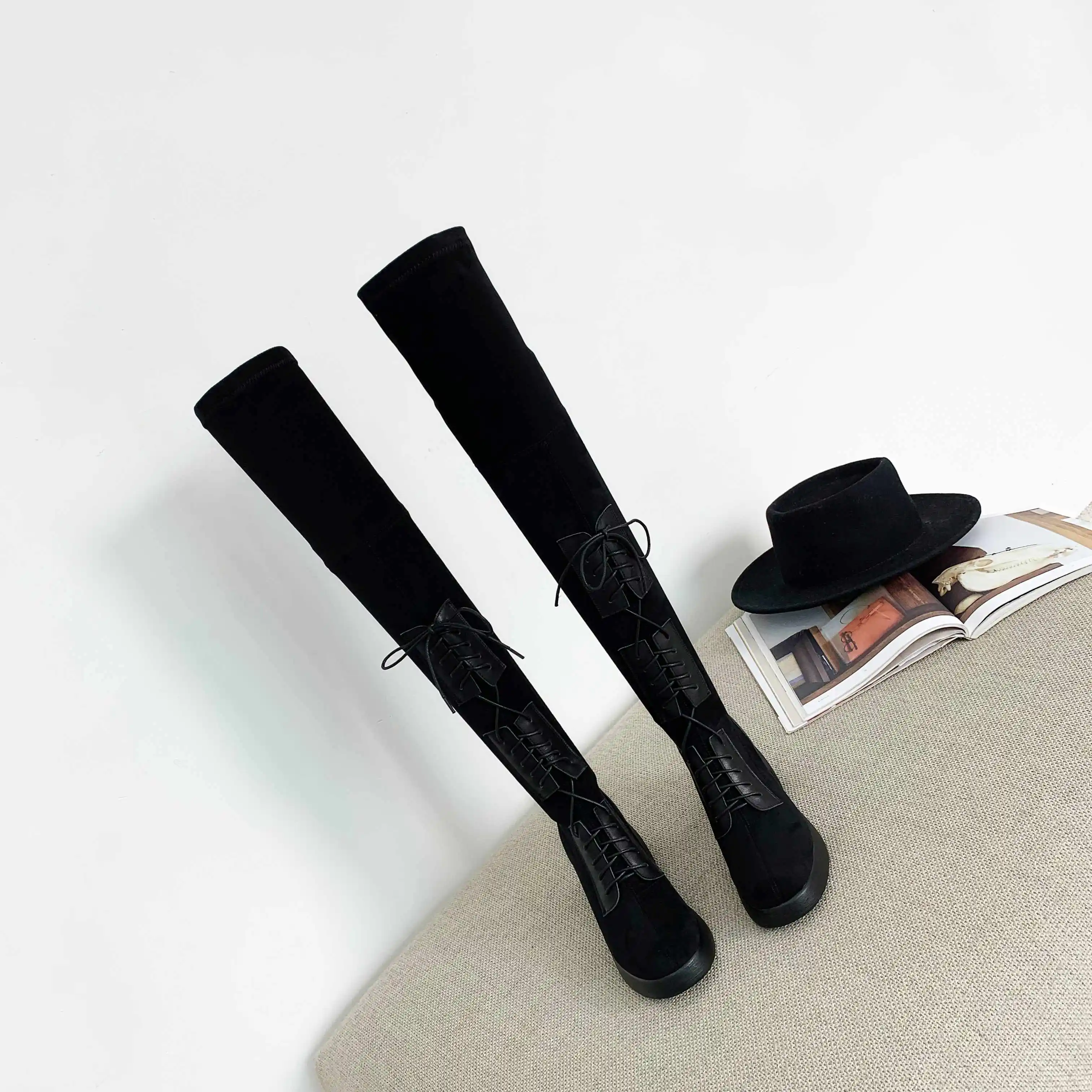 Lenkisen unique lace up stretch boots round toe high heels thick bottom winter keep warm women fashion over-the-knee boots L32