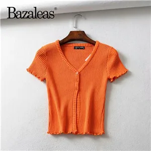 T31 orange 1169 Bazaleas кнопки в стиле ретро Женская футболка harajuku футболка Прямая панк обрезанная футболка женская мода оранжевый вязаный укороченный топ - Цвет: T31 orange 1169