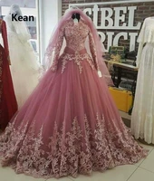 dark pink muslim wedding dress high neck full sleeve hijab vestido de noiva dubai arabic wedding gown bride dress robe de mariee