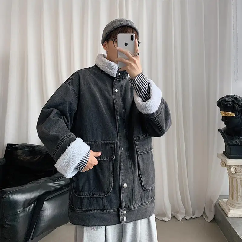 Зимнее пальто из ягненка Мужская трендовая куртка с бархатной подкладкой хлопка