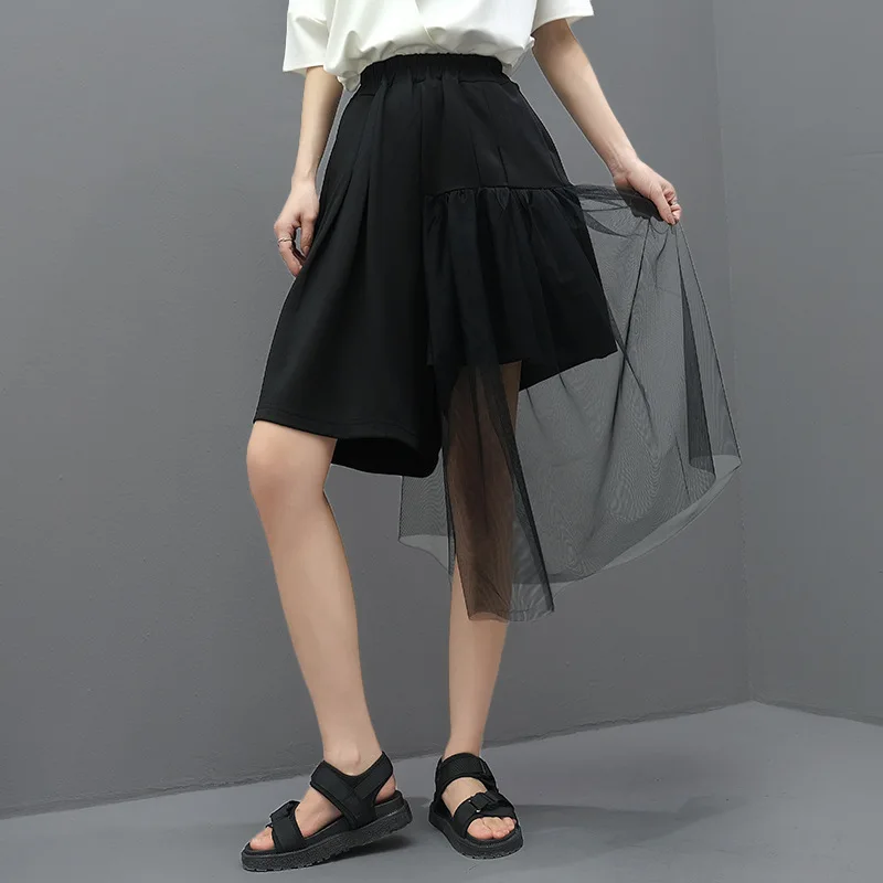 Summer Mesh Stitching Casual Shorts Skirt Women BF Style Loose Wide Leg Black Short Pants Elastic Waist Large Size Fashion Tide