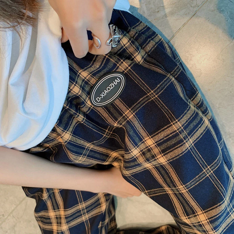 

DTSTARZG High Waist Plaid Pants Women Spring Autumn Casual Loose Contrast Checked Trousers Women Korean Harem Pants Female