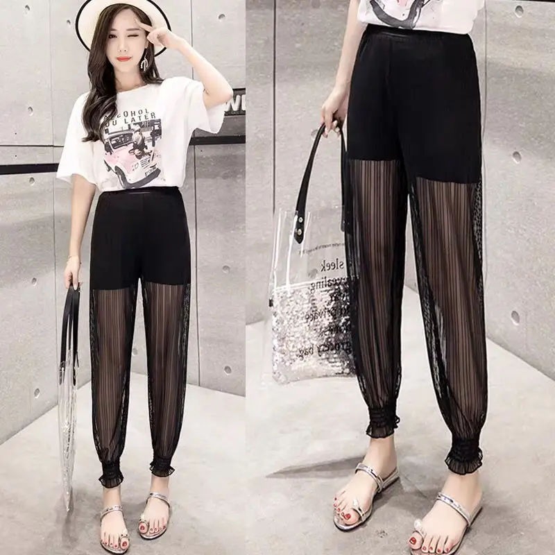2020 Летние повседневные женские брюки прозрачные сексуальные модные черные