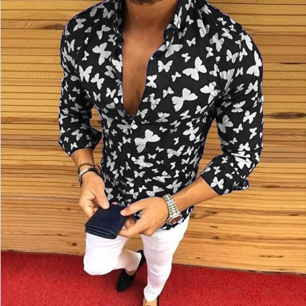 

Fashion Men's Casual Turn-Down Button Hawaii Print Beach Long Sleeve Top Blouse Fashion Low Price Man Woman Style Leisure