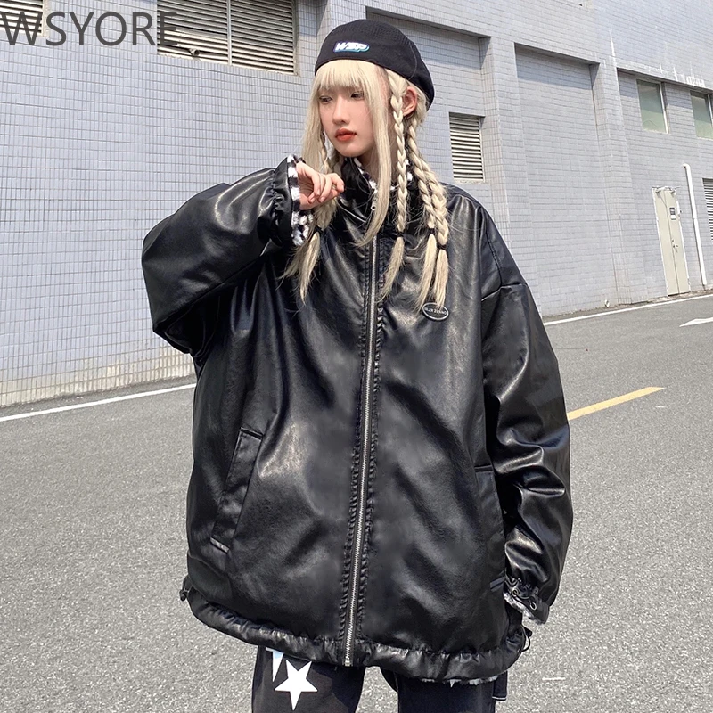 WSYORE верхняя одежда оверсайз Шахматная Двусторонняя кожаная куртка Женское
