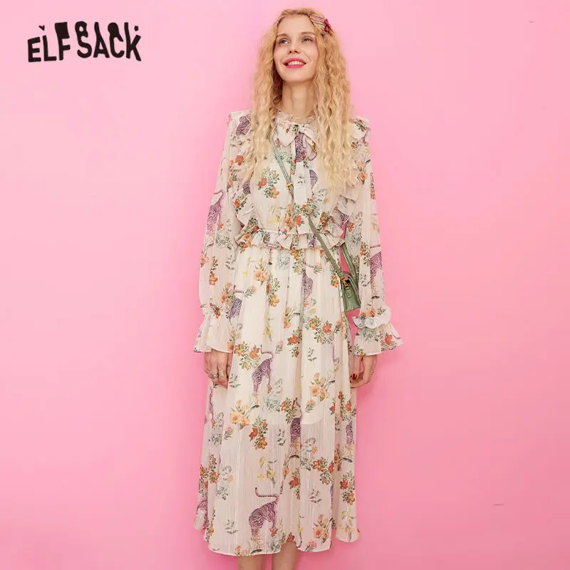 ELFSACK платье с завязками спереди цветочным принтом и рюшами женское на платформе
