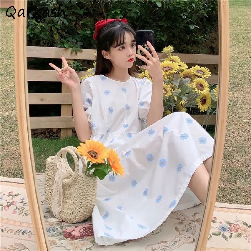 

Женские Платья с цветочным принтом, милые летние свободные повседневные платья в стиле ретро с круглым вырезом для девушек, модная популярн...