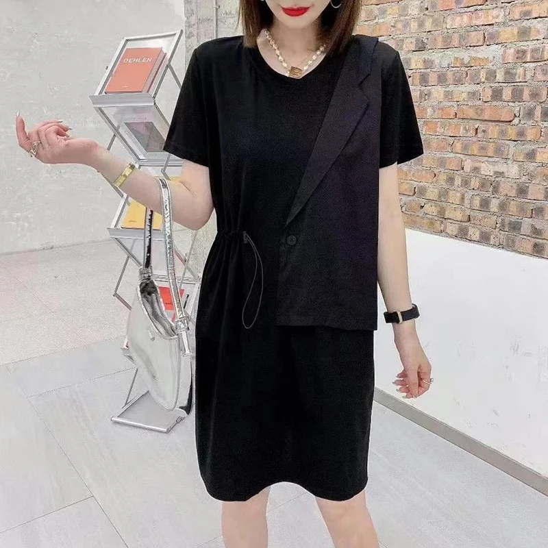 

CHICEVER Black Patchwork Dress For Women O Neck Short Sleeve Drawstring Designer Knee Length Dresses Female Fashion Clothes 2021