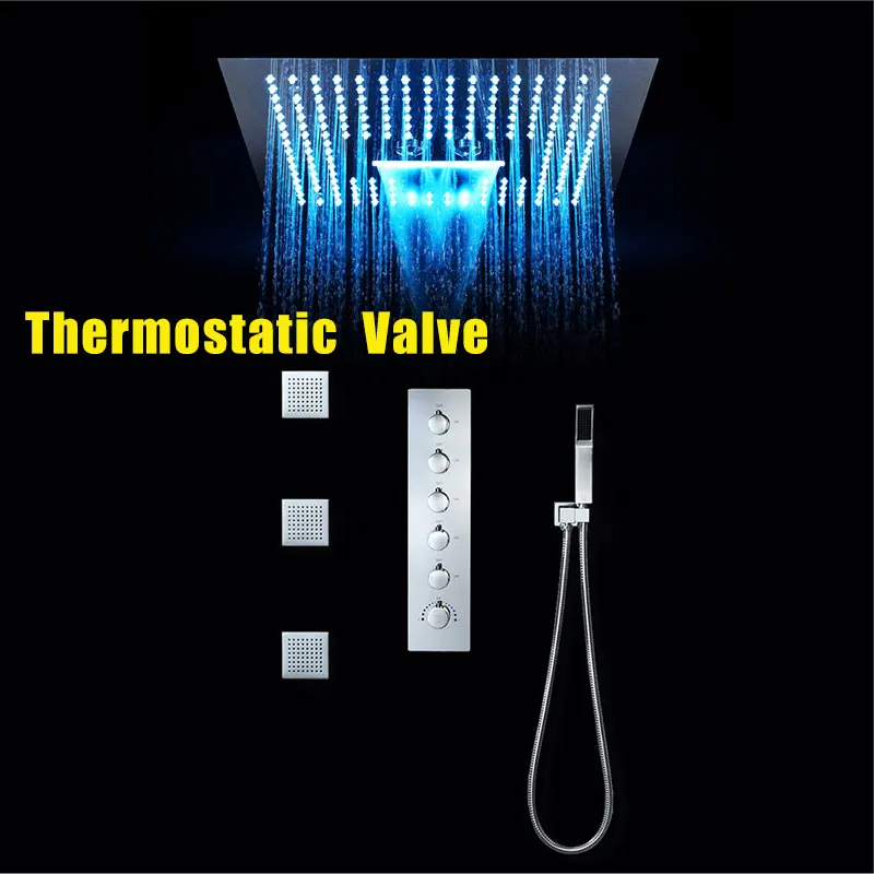 Thermostatic Valve Роскошный душевой кран для ванной комнаты, 16 дюймов, светодиодный светильник, встроенный потолочный термостатический клапан, водопад, душевая головка, Misty - Цвет: Thermostatic Valve