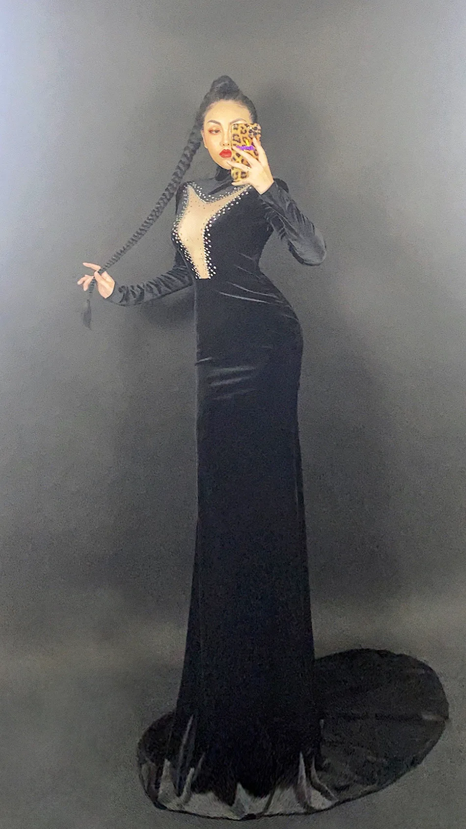 Black Mesh Backless Fashion Velvet Evening Celebrate Long Train Dress Women Prom Outfit Birthday Big Tail Costume | Тематическая