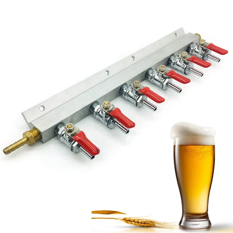 

6 Way Aluminum CO2 Gas Distribution Manifold Splitter 1/4 Inch Barbed Inlet and Outlets Homebrew Beer Kegerator CO2 Splitter
