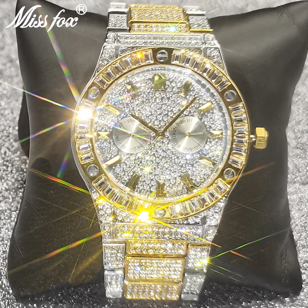 

Hip Hop MISSFOX BOSS Diamond Mens Watches Top Luxury Brand Iced Out Watch Full Steel AAA Quartz Wrist Watch Relogio Masculino