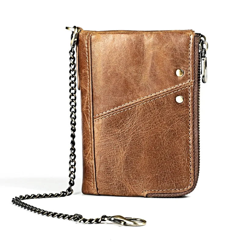 

Hot Crazy Horse Chain Wallet Men Genuine Leather RFID Wallets Mini Coin Purse Short Male Clutch Walet Mens Card Holder Money Bag