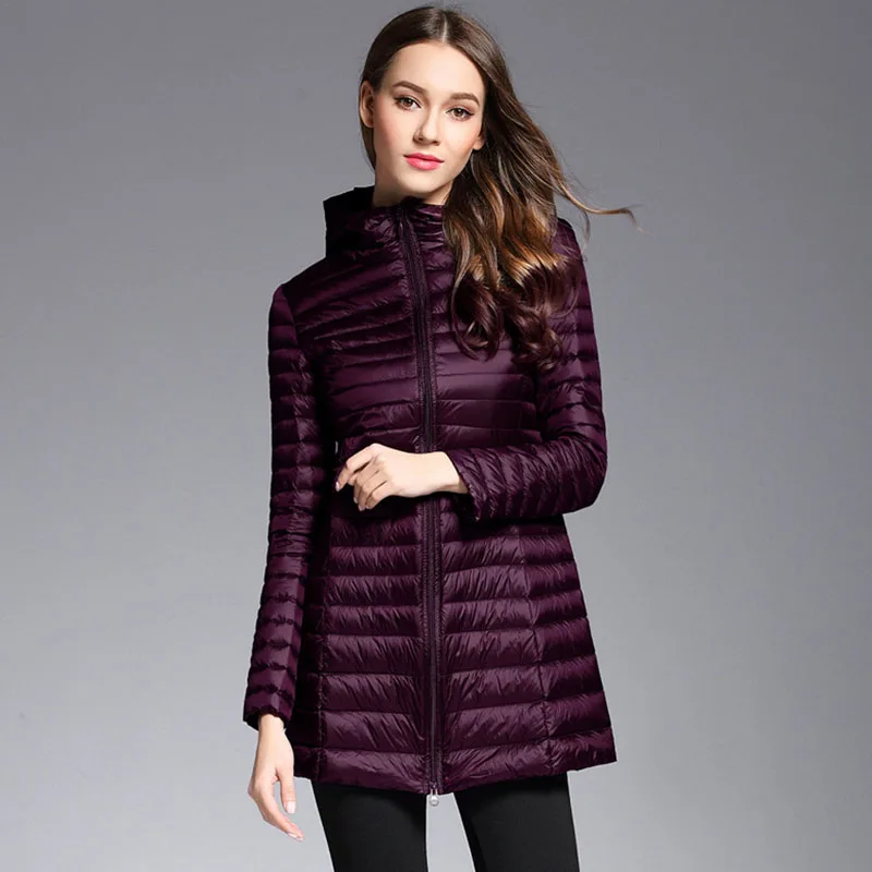 

Женская Осенняя куртка с капюшоном легкая тонкая Стильная Женская Осенняя длинная куртка средней длины теплое пуховое пальто с наполнител...