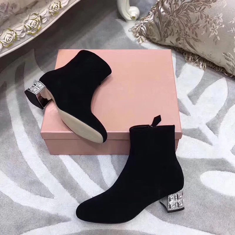 

Rhinestone Ankle Boots Women Pointed Toe Side Zipper Bling Bling Diamond High Heel Boots Female Real Leather Short Boots