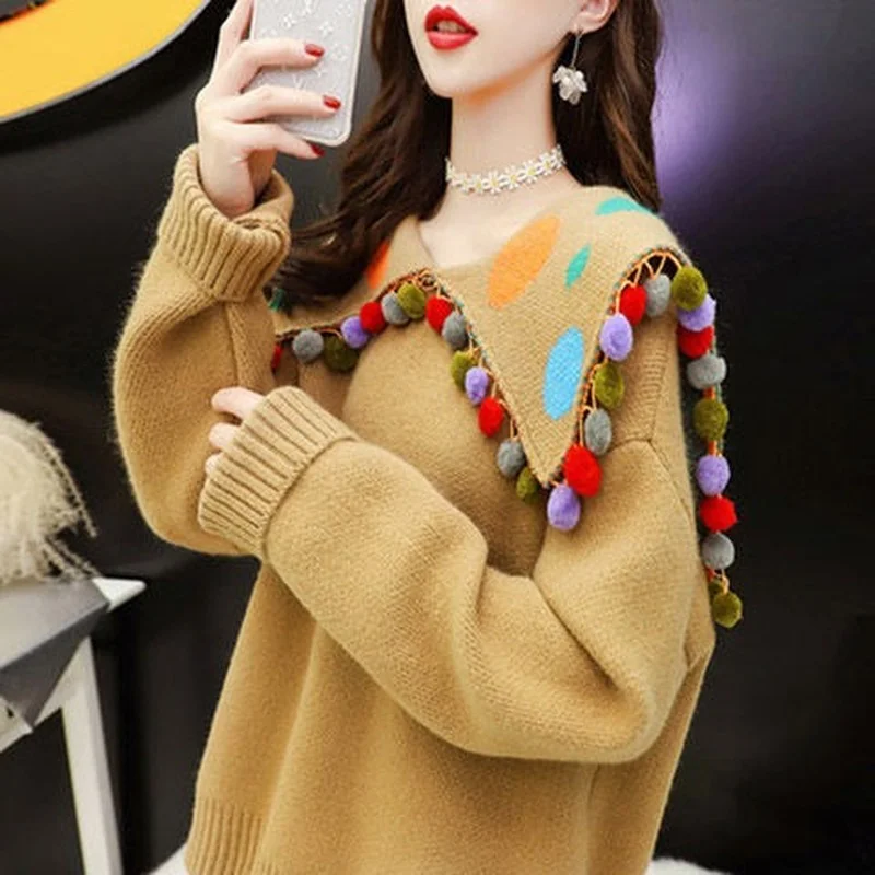 

Женский трикотажный пуловер с длинным рукавом и воротником-стойкой