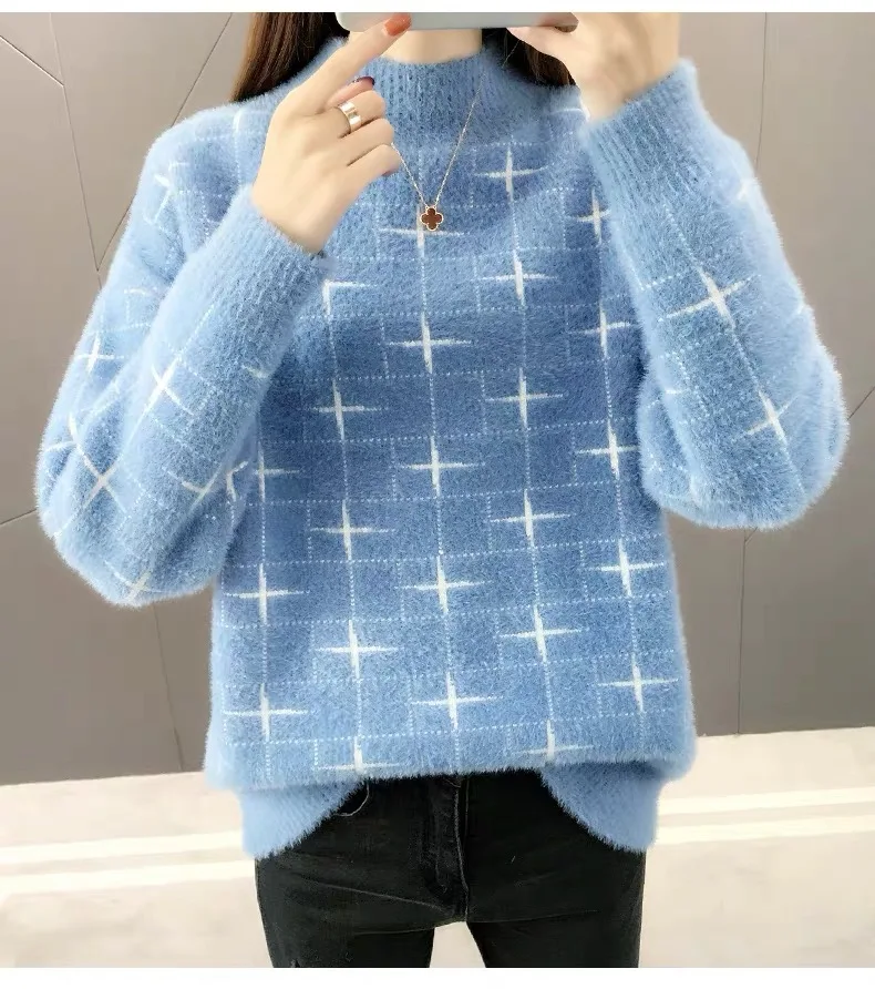 

Blue Sweaters Women knitted Pullover Warm Pattern Mohair Orange Thick Plush Wool Winter Warm Autumn Loose Soft fur Cashmere