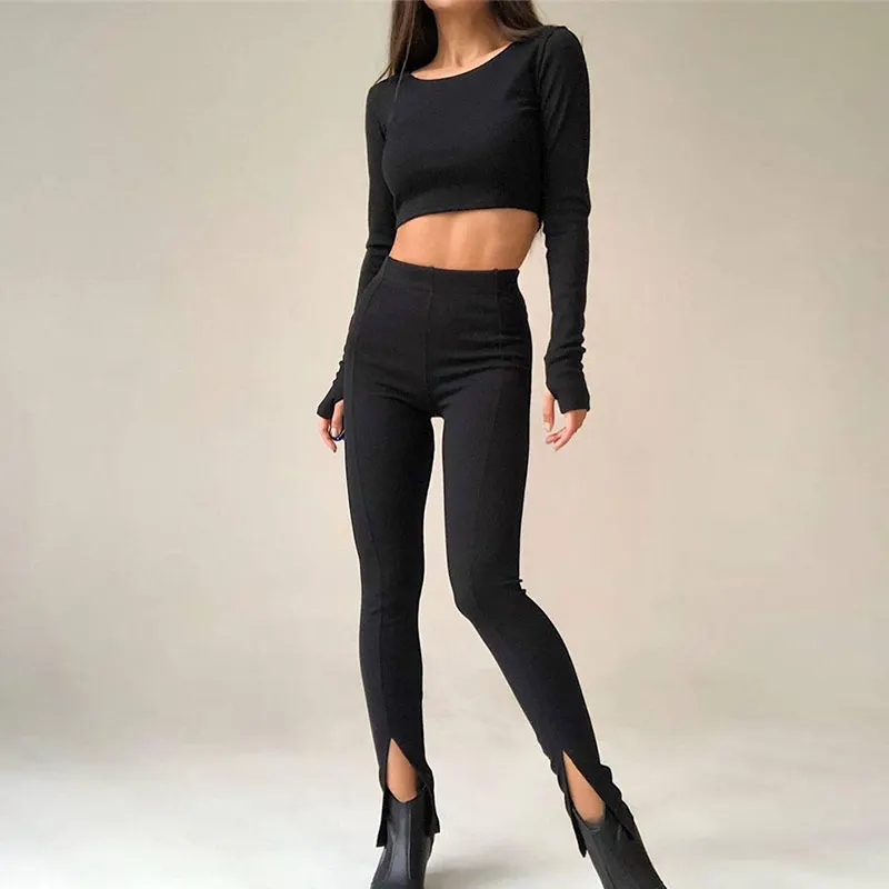 Женский трикотажный облегающий комплект однотонный топ с длинным рукавом