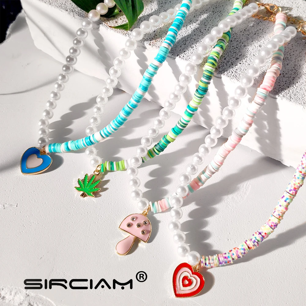 

Sweet Colorful Heart Mushroom Asymmetry Pearl Clay Bead Necklace For Women Handmade Choker Soft Pottery Beaded Vacation Jewelry