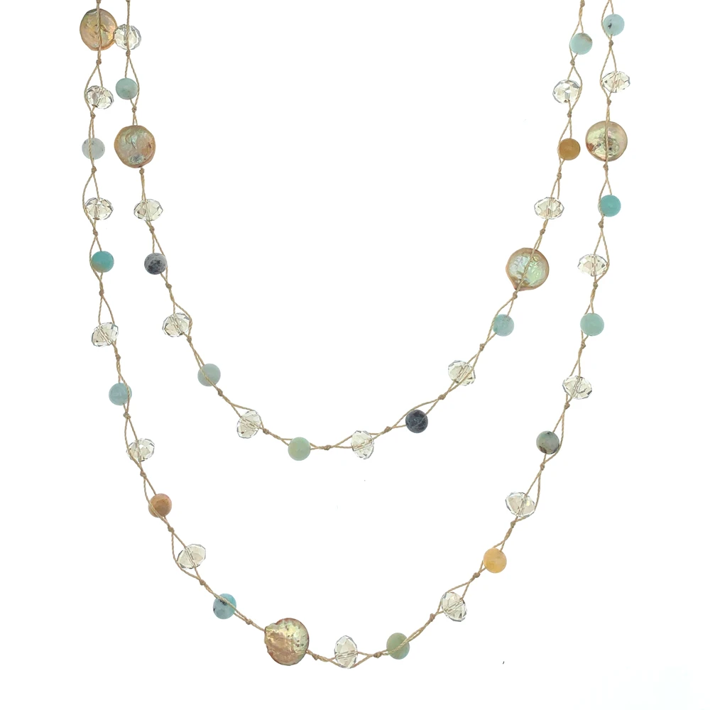 

6mm Amazonite Necklace with Champagne Crystals Coin Pearls Long Trendy Jewelry For Women Girls Gifts 50 Inch