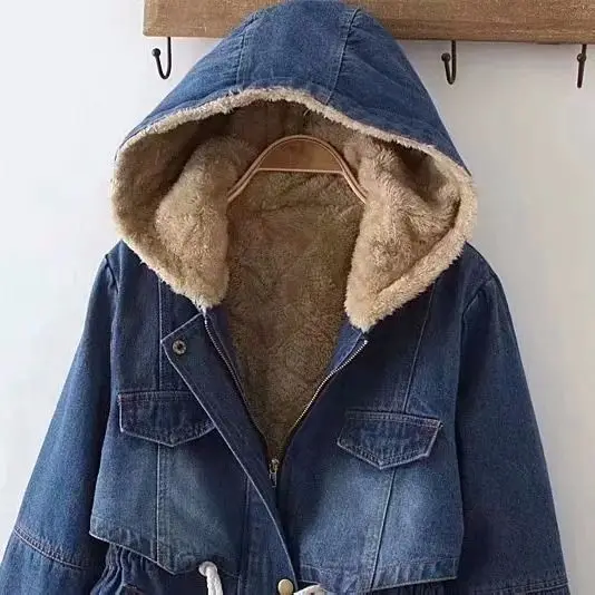 

Fleece-Lined Thickened Winter Denim Cotton Coat Women's Mid-Length Hooded Jacket Women coat women người phụ nữ áo khoác