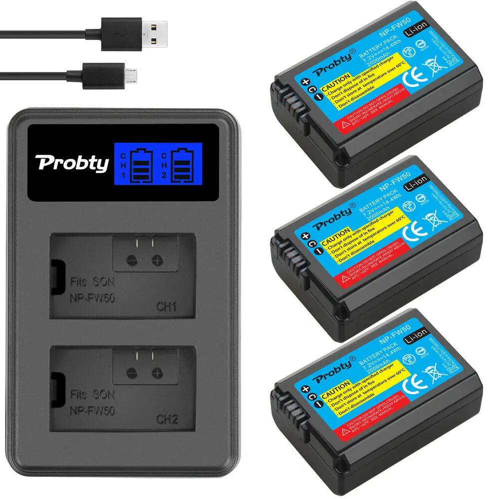PROBTY 3 шт. 2000 мАч NP-FW50 NP FW50 батарея + ЖК-зарядное устройство USB для Sony NEX-5 NEX-7 A33 A55 A37 A3000