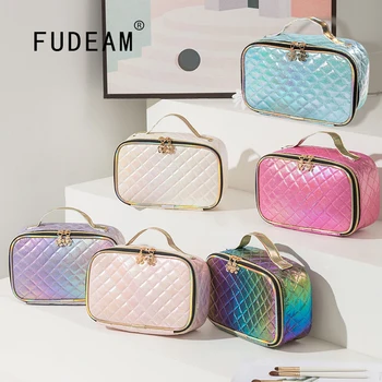 FUDEAM-Bolsa de cosméticos portátil de cuero para mujer, bolso de viaje multifuncional, impermeable, organizador, estuche de maquillaje femenino 1