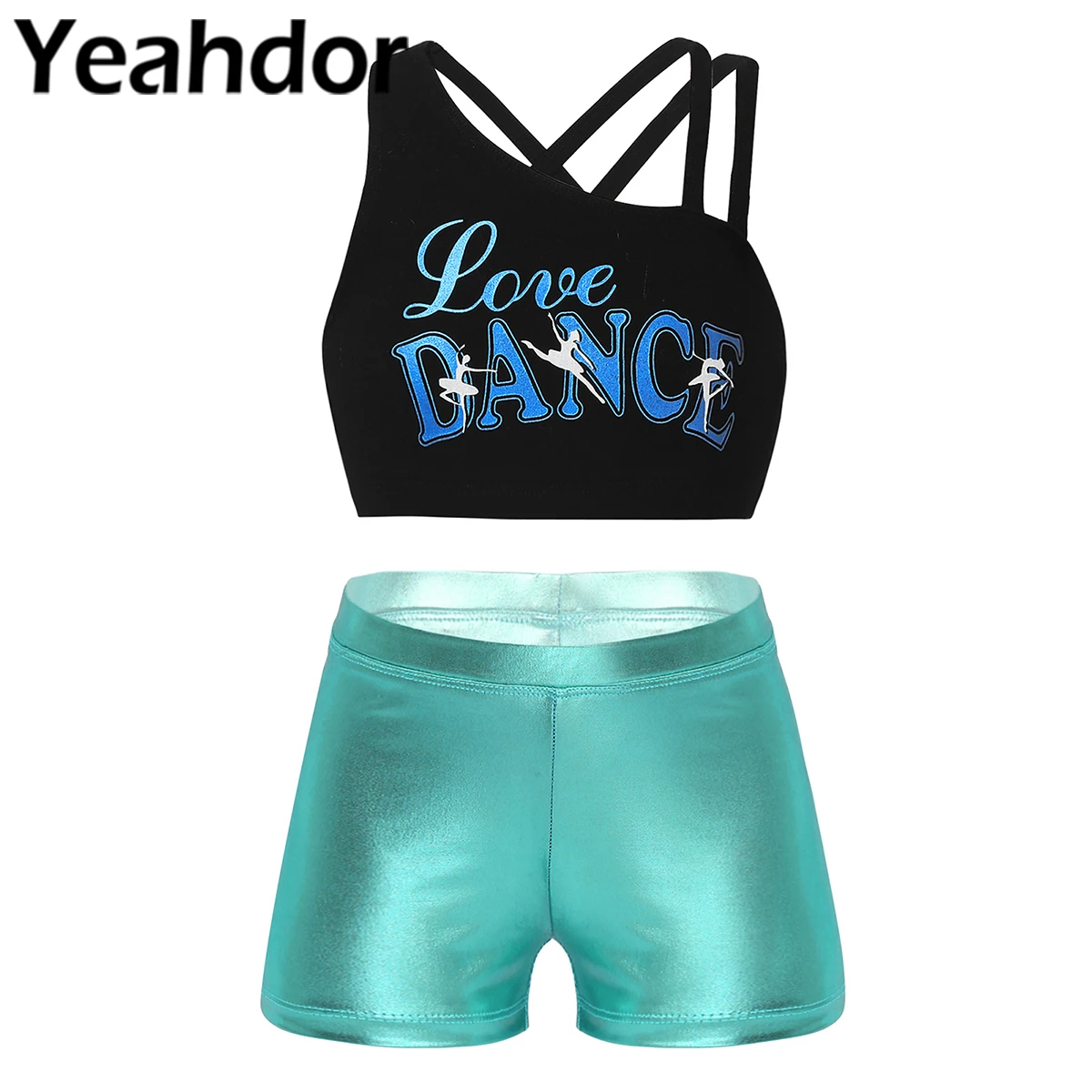 

Kids Girls Ballet Dance Outfit Dancewear Asymmetrical Shoulder Straps Print Cropped Tops with Shiny Shorts and Hair Ring Set