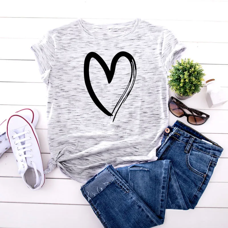 

Vogue Women Cotton T Shirt Simple Love Pattern Short Sleeve Harajuku Girl T-shirt Tops Graphic Tees Plus Size 5XL