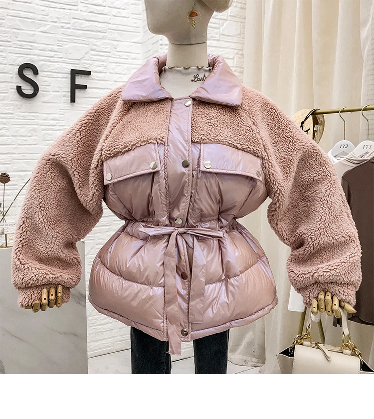 Mooirue Winter Casual Parkas Sherpa Fleece Patchwork Drawstring Lace Up Vintage Coats Harajuku Jackets Female white Coats - Цвет: Розовый