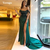 verngo sparkly emerald green sequin beads long prom dresses off the shoulder side slit dusty purple evening gowns exquisite 2022