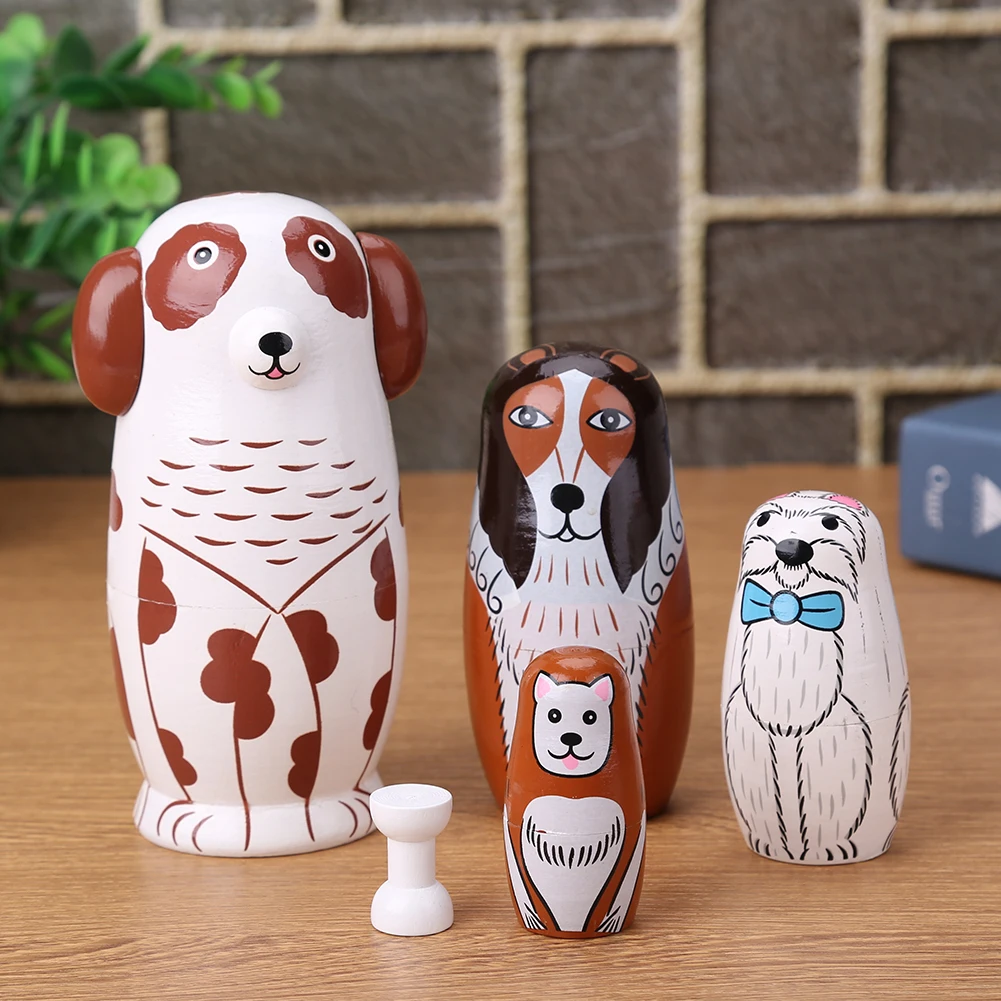 

5pcs/Set Kids Dog Russian Nesting Dolls Wooden Matryoshka Doll Crafts Toys Handmade Children Birthday Gifts Home Decoration