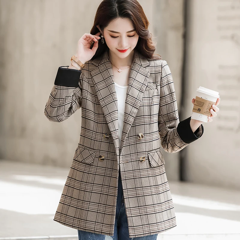 Женский двубортный пиджак Lenshin винтажный клетчатый в английском стиле с