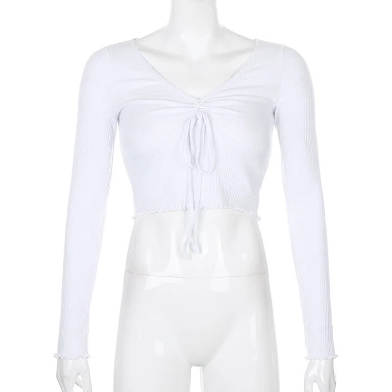 Женская трикотажная футболка с длинным рукавом в стиле 90-х оборками | одежда