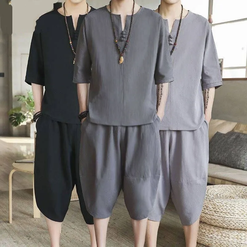 

Hot Men Thin Linen Set Summer Chinese Style Loose Large Size Cotton Linen 2Pcs/set Short Sleeve Middle Length Pants