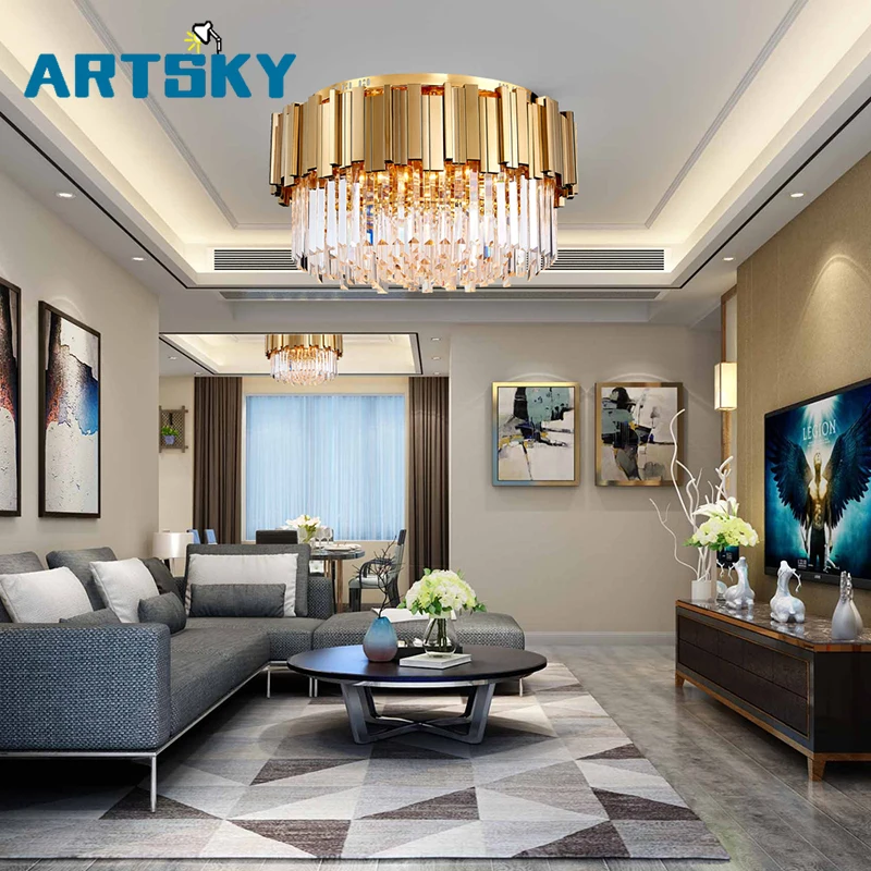 Роскошный современный круглый светодиодный светильник с кристаллами для