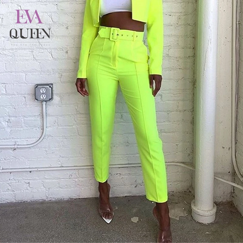 Женские летние брюки с поясом EvaQueen зеленые и черные большого размера офисные