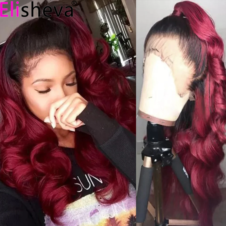 Burgundy Hair Body Wave Closure Wig 13X4 Body Wave Lace Front Wig Human Hair Wig Ombre 1B Burgundy Colored Human Hair Wig