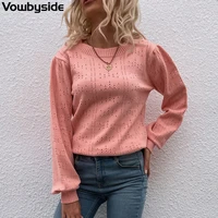 autumn and winter solid color hollow casual womens sweater long sleeved round neck pullover